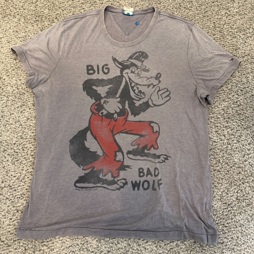 Disney vs Hilfiger Denim Big Bad Wolf Graphic T-Shirt Mens XXL Gray Short Sleeve
